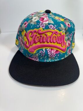 Floral Teal Snapback Hat with Pink Embroidered 'Slowdown'